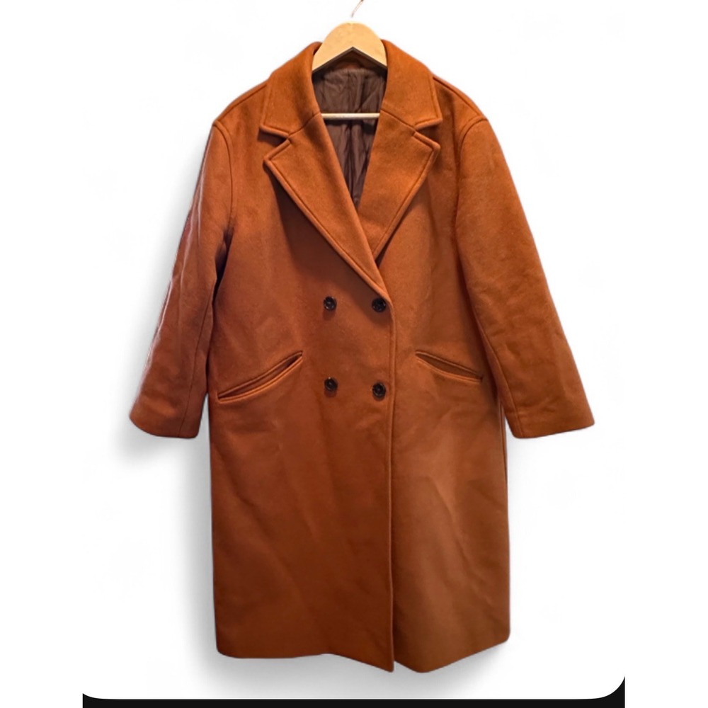 Everlane Womens Wool Blend Double Breasted Long Overcoat Rust Orange Toffee XL